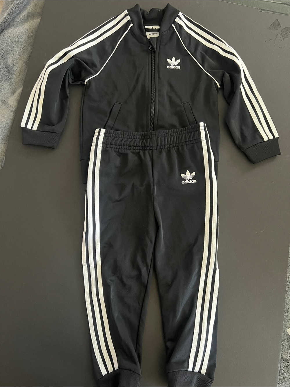 Adidas Black & White Three-Stripe Track Jacket and Pants Set